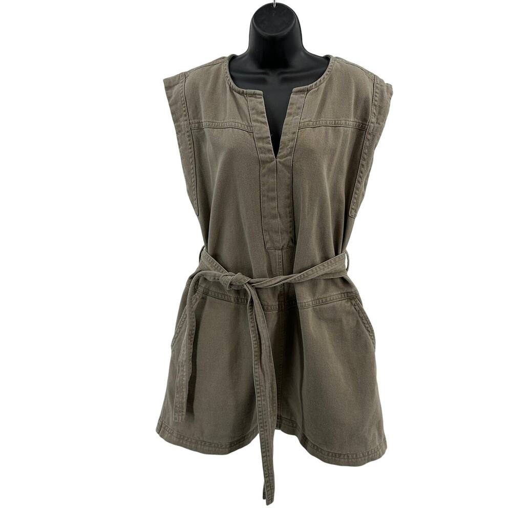 Banana Republic Split Neck Mini Dress SZ L Green Cotton Sleeveless Belted Pocket